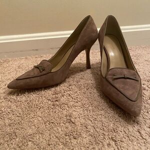 Ann Taylor Taupe Suede Pointed Toe Heels with Bow Accent
